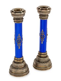 A Pair of Silver and Guilloche Enamel Candlesticks in a Fitted Case