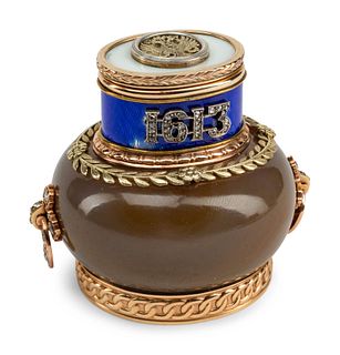 A Guilloche Enamel, Diamond and Vari-Color Gold Mounted Agate Scent Bottle   