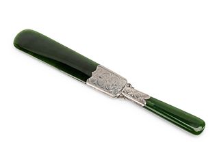 A Silver Mounted Spinach Jade Paper Knife