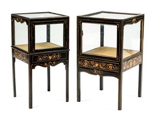 A Pair of Stenciled Black Painted Vitrine Cabinets