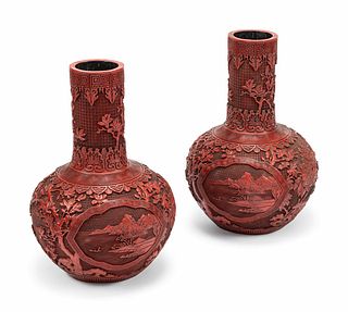 A Pair of Chinese Export Carved Red Lacquer Vases