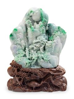 A Large Chinese Export Carved Lavender and Green Jadeite Mountain