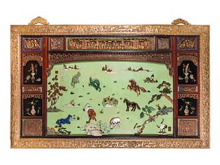 A Large Chinese Export Gilt Bronze-Framed Carved Lacquer and Hardstone Inlaid Wall Panel