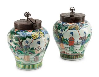 A Pair of Chinese Export Iron Mounted Famille Verte Porcelain Tea Jars