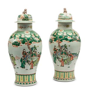 A Pair of Chinese Export Famille Verte Porcelain Covered Jars