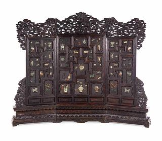 A Large Chinese Export Hardstone Inset Carved Hardwood Screen