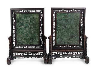 A Pair of Chinese Export Spinach Jade and Pierce Carved Hardwood Table Screens