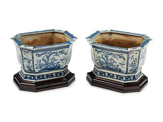 A Pair of Large Chinese Export Blue and White Porcelain Jardinieres with Wood Bases