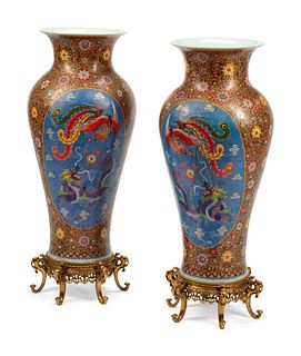 A Pair of Chinese Export Cloisonne-Over-Porcelain Floor Vases on Gilt Metal Bases