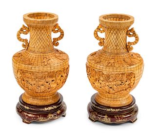 A Pair of Chinese Export Bone Veneered Vases on Painted Wood Stands