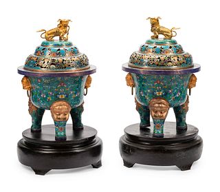 A Pair of Large Chinese Export Gilt Bronze and Cloisonne Censers on Wood Stands