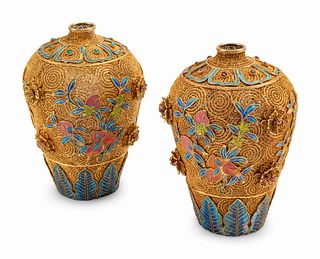 A Pair of Jeweled Silver-Gilt Filigree and Enamel Vases