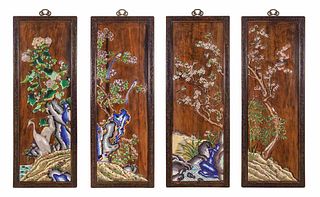 A Set of Four Chinese Export Cloisonne Inset Wood Wall Panels
