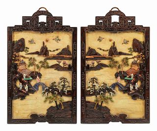 A Pair of Chinese Export Hardstone and Partial Lacquered Carved Wood Panels