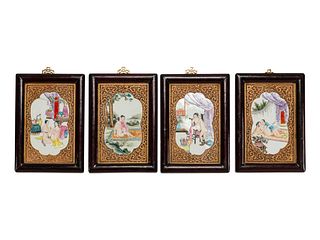 A Set of Four Chinese Export Gilt and Enameled Erotic Porcelain Plaques