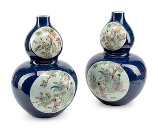 A Pair of Chinese Export Enameled Blue-Ground Double-Gourd Porcelain Vases