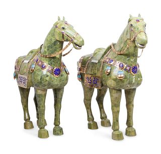 A Pair of Chinese Export Hardstone Veneered Tang Style Horses with Champleve Decoration
