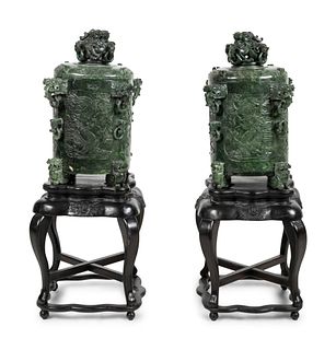 A Pair of Chinese Export Carved Hardstone Covered Vessels and Fitted Carved Hardwood Stands