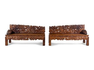 A Pair of Chinese Export Carved Hardwood Benches