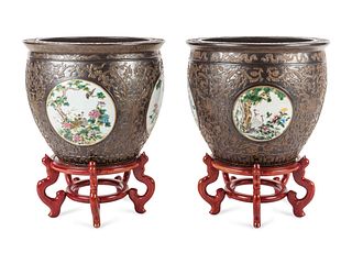 A Pair of Large Chinese Export Jardinieres with Stands