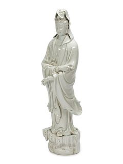 A Large Chinese Export White Glazed Porcelain Figure of Guanyin