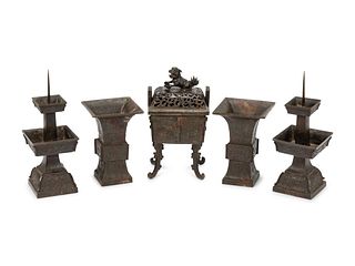 A Chinese Archaistic Bronze Five-Piece Garniture
