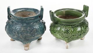 Two Chinese Glazed and Molded Tripod Censers