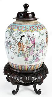 Chinese Famille Rose Boys Covered Jar with Stand