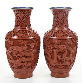 Pair Chinese Cinnabar Dragon Motif Vases