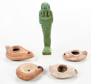 Egyptian Faience Ushabti and Four Early Oil Lamps