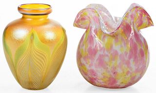 Two Iridescent and Confetti Art Glass Vases