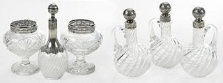 Six Pressed Glass and Silver Table Objects