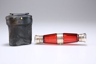 A VICTORIAN CRANBERRY GLASS FOLDING DOUBLE-ENDED SCENT BOTT