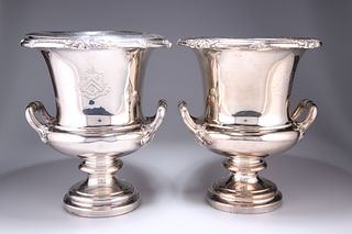A PAIR OF OLD SHEFFIELD PLATE WINE COOLERS, of campana form