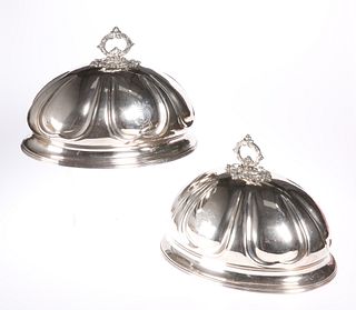 A PAIR OF 19TH CENTURY SILVER-PLATED MEAT COVERS, each engr