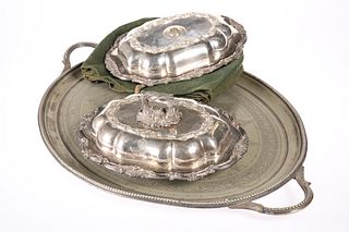 ~ A PAIR OF 19TH CENTURY SILVER-PLATED ENTREE DISHES, each 