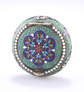 A RUSSIAN SILVER AND ENAMEL PILL BOX, Moscow 1896, circular