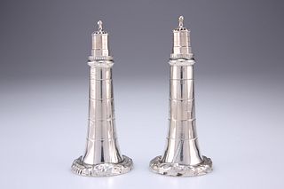A RARE PAIR OF VICTORIAN SILVER NOVELTY LIGHTHOUSE PEPPERS,