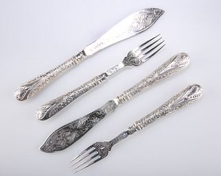 A SET OF VICTORIAN SILVER FISH KNIVES AND FORKS FOR TWELVE 