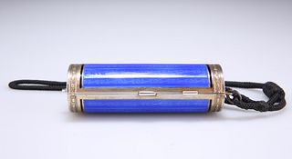 A CONTINENTAL SILVER BLUE GUILLOCHE ENAMEL CYLINDRICAL COMP