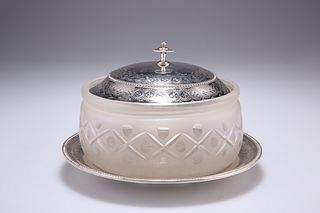 A VICTORIAN GLASS BUTTER DISH WITH SILVER LID, by Thomas Br