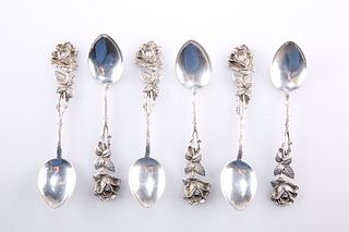 A SET OF SIX CONTINENTAL SILVER METAL COFFEE SPOONS, with m