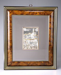 A BURRWOOD FRAMED SILVER PLAQUE, the rectangular two-tone p