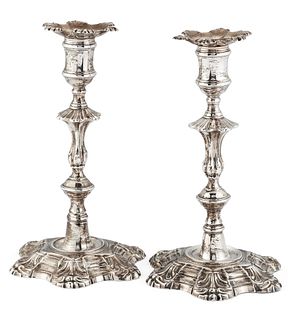 A PAIR OF GEORGE II SILVER CANDLESTICKS, by John Cafe, Lond