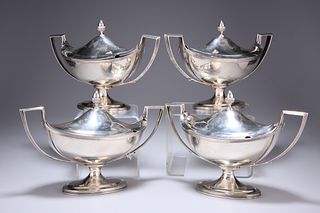 A SET OF FOUR GEORGE III SILVER SAUCE TUREENS AND COVERS, b