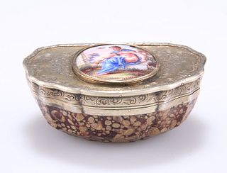 A FRENCH SILVER AND ENAMEL BOX, the D-shaped hinged lid eng