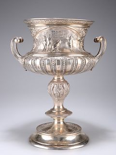 A LARGE VICTORIAN SILVER TWO-HANDLED TROPHY CUP, by Richard