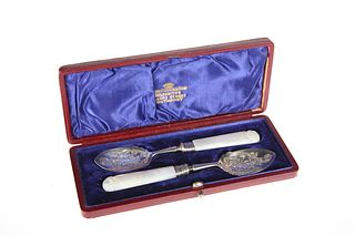 A CASED PAIR OF VICTORIAN SILVER PRESERVE SPOONS, James Dix