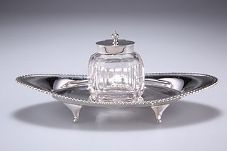 A LATE VICTORIAN SILVER AND CUT GLASS INKWELL AND INKSTAND,