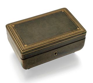 A GREEN MOROCCO MUSICAL JEWELLERY CASKET, rectangular form 